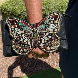 Mary Frances Black Leather Clutch with Beaded Multicolor Butterfly